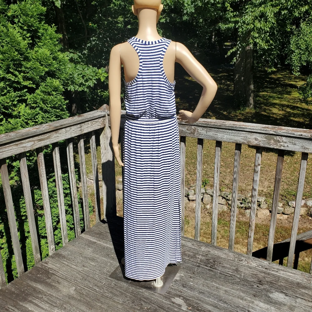 J. Crew Blue & White Stripe Racer T-back Scoop Round Neck Maxi Dress Size M - Picture 3 of 11
